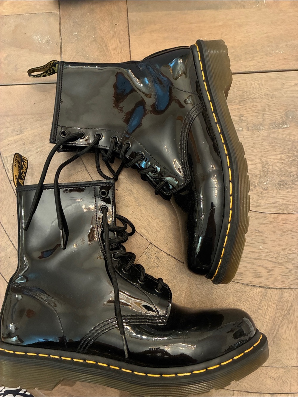 Dr. Martens Black Patent Leather Lace-Up Boots with Yellow Stitching